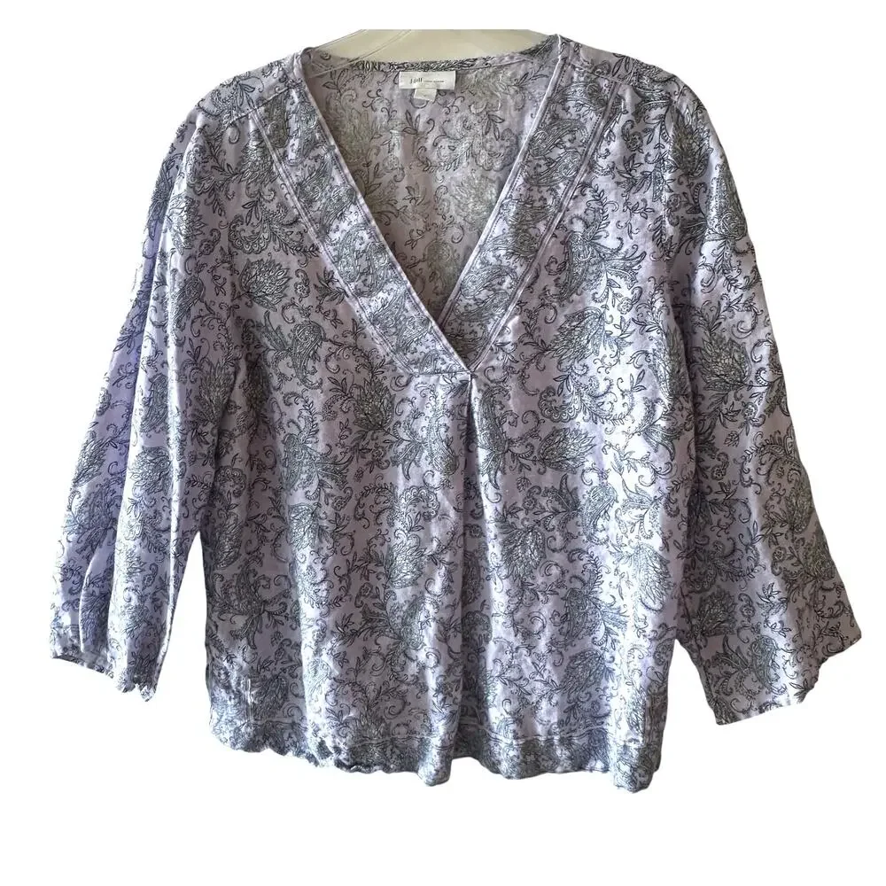J. Jill Love Linen Boxy Top Womens Medium Lavender Paisley Floral V-Neck Coastal